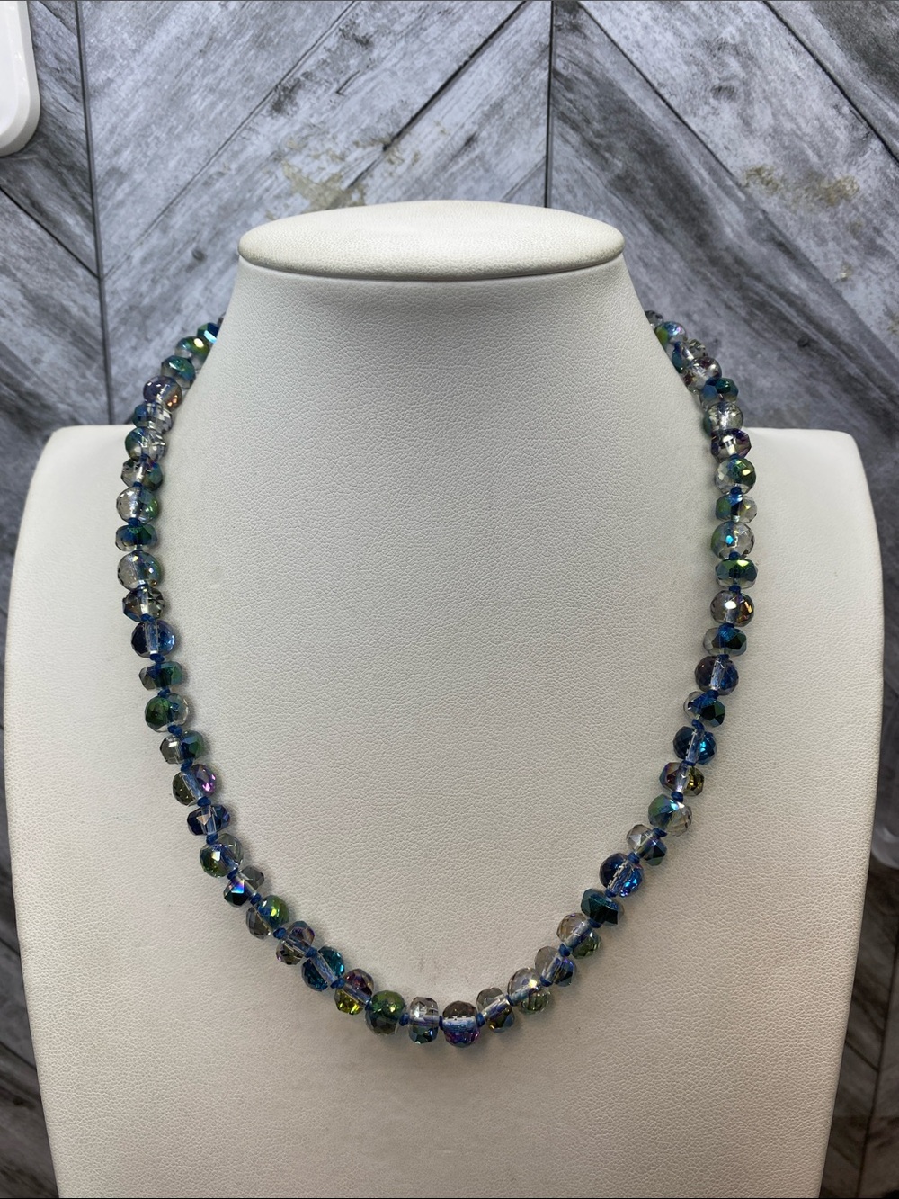 AB glass pinwheel Disco ball handknotted 18 in necklace